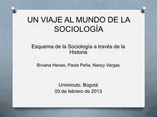 UN VIAJE AL MUNDO DE LA
      SOCIOLOGÍA

Esquema de la Sociología a través de la
              Historia

  Biviana Henao, Paola Peña, Nancy Vargas



           Uniminuto, Bogotá
          03 de febrero de 2013
 
