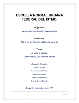  Página 1
ESCUELA NORMAL URBANA
FEDERAL DEL ISTMO.
Asignatura:
Acercamiento a las ciencias naturales
Profesora:
María de los Ángeles Velázquez Jacinto
Tema:
Un viaje a nizanda:
Descubriendo una reserva natural.
Integrantes del equipo:
Álvarez Luis Hugo
Cruz Hernández Arístides
Garcia Orozco Felipe
Gómez Vázquez Edna
Santiago Orozco Edgardo.
Segundo semestre grupo “C”
 