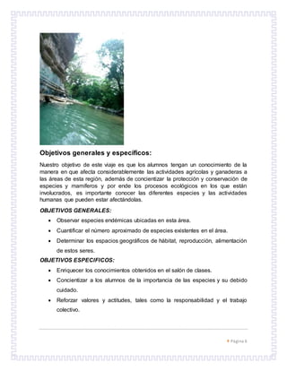  Página 6
Objetivos generales y específicos:
Nuestro objetivo de este viaje es que los alumnos tengan un conocimiento de la
manera en que afecta considerablemente las actividades agrícolas y ganaderas a
las áreas de esta región, además de concientizar la protección y conservación de
especies y mamíferos y por ende los procesos ecológicos en los que están
involucrados, es importante conocer las diferentes especies y las actividades
humanas que pueden estar afectándolas.
OBJETIVOS GENERALES:
 Observar especies endémicas ubicadas en esta área.
 Cuantificar el número aproximado de especies existentes en el área.
 Determinar los espacios geográficos de hábitat, reproducción, alimentación
de estos seres.
OBJETIVOS ESPECIFICOS:
 Enriquecer los conocimientos obtenidos en el salón de clases.
 Concientizar a los alumnos de la importancia de las especies y su debido
cuidado.
 Reforzar valores y actitudes, tales como la responsabilidad y el trabajo
colectivo.
 