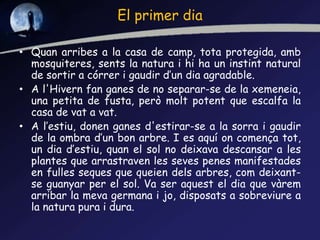 El primer dia
• Quan arribes a la casa de camp, tota protegida, amb
mosquiteres, sents la natura i hi ha un instint natural
de sortir a córrer i gaudir d’un dia agradable.
• A l'Hivern fan ganes de no separar-se de la xemeneia,
una petita de fusta, però molt potent que escalfa la
casa de vat a vat.
• A l’estiu, donen ganes d'estirar-se a la sorra i gaudir
de la ombra d’un bon arbre. I es aquí on comença tot,
un dia d’estiu, quan el sol no deixava descansar a les
plantes que arrastraven les seves penes manifestades
en fulles seques que queien dels arbres, com deixant-
se guanyar per el sol. Va ser aquest el dia que vàrem
arribar la meva germana i jo, disposats a sobreviure a
la natura pura i dura.
 