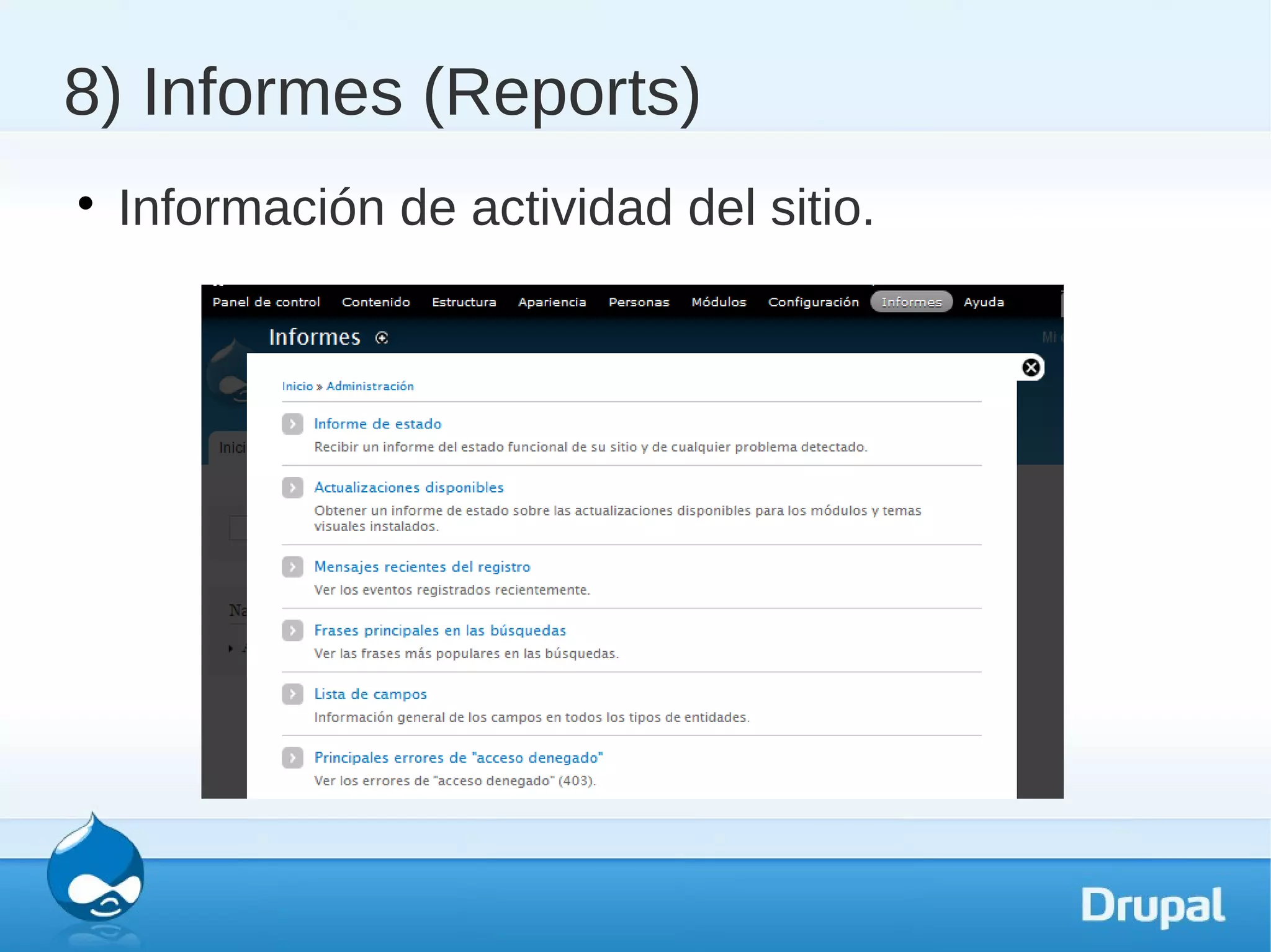 8) Informes (Reports)

    Información de actividad del sitio.
 