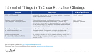 Internet of Things (IoT) Cisco Education Offerings
Course Description Cisco Certification
NEW! CCNA Industrial An associate level instructor led training course designed to prepare you
for the CCNA Industrial certification
CCNA® Industrial
Managing Industrial Networks with
Cisco Networking Technologies (IMINS)
This curriculum addresses foundational skills needed to manage and
administer networked industrial control systems. It provides plant
administrators, control system engineers and traditional network engineers
with an understanding of the networking technologies needed in today's
connected plants and enterprises
Cisco Industrial
Networking Specialist
Control Systems Fundamentals
for Industrial Networking (ICINS)
For IT and Network Engineers, covers basic concepts in Industrial Control
systems including an introduction to automation industry verticals,
automation environment and an overview of industrial control networks
Networking Fundamentals
for Industrial Control Systems (INICS)
For Industrial Engineers and Control System Technicians, covers basic IP
and networking concepts, and introductory overview of Automation
industry Protocols.
For more details, please visit: http://learningnetwork.cisco.com
Questions? Visit the Learning@Cisco Booth or contact ask-edu-pm-dcv@cisco.com
 