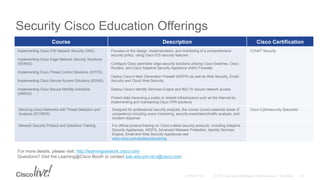 Security Cisco Education Offerings
Course Description Cisco Certification
Implementing Cisco IOS Network Security (IINS)
Implementing Cisco Edge Network Security Solutions
(SENSS)
Implementing Cisco Threat Control Solutions (SITCS)
Implementing Cisco Secure Access Solutions (SISAS)
Implementing Cisco Secure Mobility Solutions
(SIMOS)
Focuses on the design, implementation, and monitoring of a comprehensive
security policy, using Cisco IOS security features
Configure Cisco perimeter edge security solutions utilizing Cisco Switches, Cisco
Routers, and Cisco Adaptive Security Appliance (ASA) Firewalls
Deploy Cisco’s Next Generation Firewall (NGFW) as well as Web Security, Email
Security and Cloud Web Security
Deploy Cisco’s Identity Services Engine and 802.1X secure network access
Protect data traversing a public or shared infrastructure such as the Internet by
implementing and maintaining Cisco VPN solutions
CCNA® Security
Securing Cisco Networks with Threat Detection and
Analysis (SCYBER)
Designed for professional security analysts, the course covers essential areas of
competency including event monitoring, security event/alarm/traffic analysis, and
incident response
Cisco Cybersecurity Specialist
Network Security Product and Solutions Training For official product training on Cisco’s latest security products, including Adaptive
Security Appliances, NGIPS, Advanced Malware Protection, Identity Services
Engine, Email and Web Security Appliances see
www.cisco.com/go/securitytraining
For more details, please visit: http://learningnetwork.cisco.com
Questions? Visit the Learning@Cisco Booth or contact ask-edu-pm-dcv@cisco.com
 