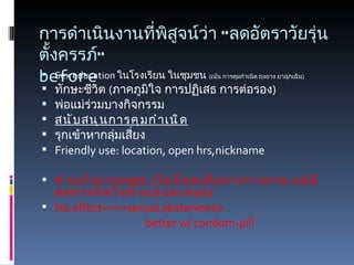 การดำเนินงานที่พิสูจน์ว่า “ลดอัตราวัยรุ่นตั้งครรภ์” before Sex education  ในโรงเรียน ในชุมชน  ( เน้น การคุมกำเนิด ถุงยาง ยาฉุกเฉิน )  ทักษะชีวิต  ( ภาคภูมิใจ การปฏิเสธ การต่อรอง ) พ่อแม่ร่วมบางกิจกรรม สนับสนุนการคุมกำเนิด รุกเข้าหากลุ่มเสี่ยง Friendly use: location, open hrs,nickname ทำแท้งจากผชช . ( ไม่มีผลเสียทางร่างกาย แต่มีผลทางจิตใจทั้งแม่และหมอ ) No effect====sexual abstenience  better w/ condom-pill 