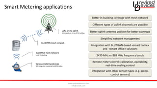 www.unwireddevices.com
info@unwds.com
Smart Metering applications
Better in-building coverage with mesh network
Different types of uplink channels are possible
Simplified network management
LoRa or 3G uplink
Antenna placed on top of the building
6LoWPAN mesh network
Inside the building
6LoWPAN mesh network
Various metering devices
With integrated or external 6LoWPAN radios
Better uplink antenna position for better coverage
Integration with 6LoWPAN-based «smart home»
and «smart office» solutions
2450 MHz or 868 MHz frequency bands
Remote meter control: calibration, operability,
real-time sealing control
Integration with other sensor types (e.g. access
control sensors)
 