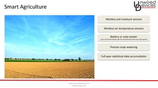 www.unwireddevices.com
info@unwds.com
Smart Agriculture
Wireless soil moisture sensors
Wireless air temperature sensors
Precise crops watering
Full-year statistical data accumulation
Battery or solar power
(up to 24 months battery life for soil moisture sensor w/o solar panel)
 