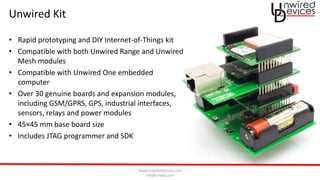 www.unwireddevices.com
info@unwds.com
Unwired Kit
• Rapid prototyping and DIY Internet-of-Things kit
• Compatible with both Unwired Range and Unwired
Mesh modules
• Compatible with Unwired One embedded
computer
• Over 30 genuine boards and expansion modules,
including GSM/GPRS, GPS, industrial interfaces,
sensors, relays and power modules
• 45×45 mm base board size
• Includes JTAG programmer and SDK
 