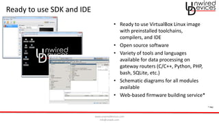 www.unwireddevices.com
info@unwds.com
Ready to use SDK and IDE
• Ready to use VirtualBox Linux image
with preinstalled toolchains,
compilers, and IDE
• Open source software
• Variety of tools and languages
available for data processing on
gateway routers (C/C++, Python, PHP,
bash, SQLite, etc.)
• Schematic diagrams for all modules
available
• Web-based firmware building service*
* TBD
 