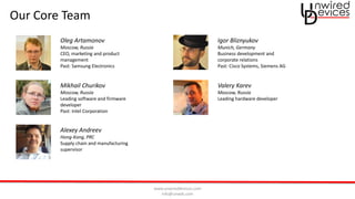 www.unwireddevices.com
info@unwds.com
Our Core Team
Oleg Artamonov
Moscow, Russia
CEO, marketing and product
management
Past: Samsung Electronics
Igor Bliznyukov
Munich, Germany
Business development and
corporate relations
Past: Cisco Systems, Siemens AG
Mikhail Churikov
Moscow, Russia
Leading software and firmware
developer
Past: Intel Corporation
Alexey Andreev
Hong-Kong, PRC
Supply chain and manufacturing
supervisor
Valery Karev
Moscow, Russia
Leading hardware developer
 
