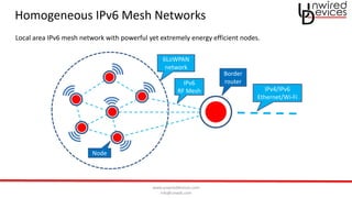 www.unwireddevices.com
info@unwds.com
Homogeneous IPv6 Mesh Networks
Border
router
IPv4/IPv6
Ethernet/Wi-Fi
Node
IPv6
RF Mesh
6LoWPAN
network
Local area IPv6 mesh network with powerful yet extremely energy efficient nodes.
 