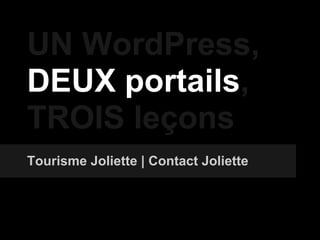 UN WordPress,
DEUX portails,
TROIS leçons
Tourisme Joliette | Contact Joliette
 