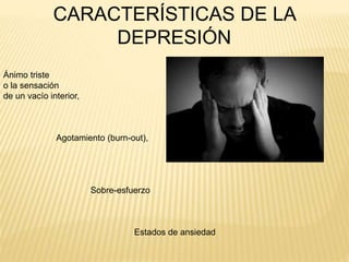 CARACTERÍSTICAS DE LA
DEPRESIÓN
Ánimo triste
o la sensación
de un vacío interior,
Agotamiento (burn-out),
Sobre-esfuerzo
Estados de ansiedad
 