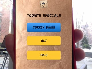 @leesean@leeseanFOOSSA
Sandwich Squirrel
Turkey Swiss
BLT
PB+J
TODAY’s SPECIALS
 
