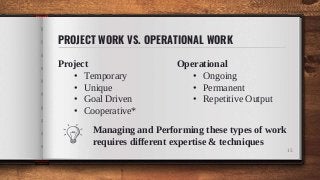 Project
• Temporary
• Unique
• Goal Driven
• Cooperative*
PROJECT WORK VS. OPERATIONAL WORK
Operational
• Ongoing
• Permanent
• Repetitive Output
15
Managing and Performing these types of work
requires different expertise & techniques
 