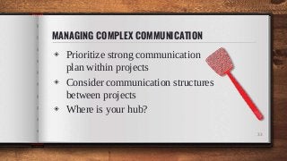 MANAGING COMPLEX COMMUNICATION
◈ Prioritize strong communication
plan within projects
◈ Consider communication structures
between projects
◈ Where is your hub?
33
 