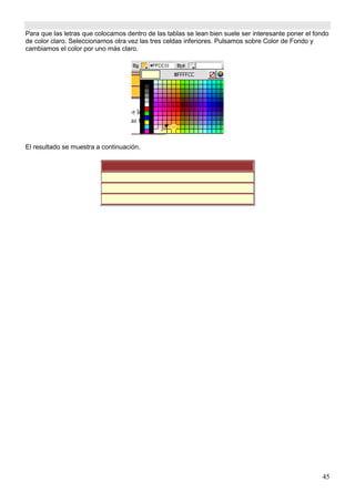 45
Para que las letras que colocamos dentro de las tablas se lean bien suele ser interesante poner el fondo
de color claro. Seleccionamos otra vez las tres celdas inferiores. Pulsamos sobre Color de Fondo y
cambiamos el color por uno más claro.
El resultado se muestra a continuación.
 