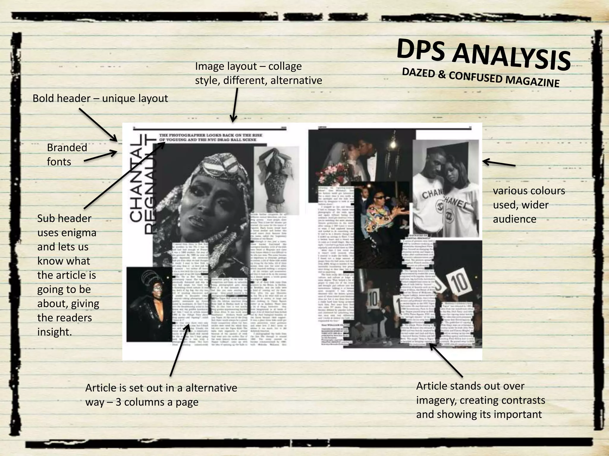 Image layout – collage
style, different, alternative
Bold header – unique layout

Branded
fonts

Sub header
uses enigma
and lets us
know what
the article is
going to be
about, giving
the readers
insight.

Article is set out in a alternative
way – 3 columns a page

various colours
used, wider
audience

Article stands out over
imagery, creating contrasts
and showing its important

 