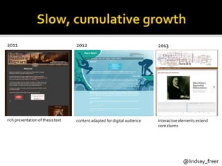 Part 1 of 5 @lindsey_freer
201320122011
rich presentation of thesis text content adapted for digital audience interactive elements extend
core claims
 