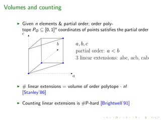 Volumes and counting
Given n elements & partial order; order poly-
tope PO ⊆ [0, 1]n coordinates of points satisﬁes the partial order
c
a
b a, b, c
partial order: a < b
3 linear extensions: abc, acb, cab
# linear extensions = volume of order polytope · n!
[Stanley’86]
Counting linear extensions is #P-hard [Brightwell’91]
 