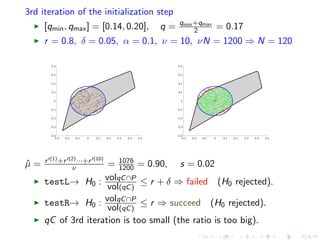 3rd iteration of the initialization step
[qmin, qmax] = [0.14, 0.20], q = qmin+qmax
2 = 0.17
r = 0.8, δ = 0.05, α = 0.1, ν = 10, νN = 1200 ⇒ N = 120
ˆµ = r (1)+r (2)···+r (10)
ν = 1076
1200 = 0.90, s = 0.02
testL→ H0 : volqC∩P
vol(qC)
≤ r + δ ⇒ failed (H0 rejected).
testR→ H0 : volqC∩P
vol(qC)
≤ r ⇒ succeed (H0 rejected).
qC of 3rd iteration is too small (the ratio is too big).
 