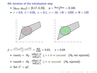 4th iteration of the initialization step
[qmin, qmax] = [0.17, 0.20], q = qmin+qmax
2 = 0.185
r = 0.8, δ = 0.05, α = 0.1, ν = 10, νN = 1200 ⇒ N = 120
ˆµ = r (1)+r (2)···+r (10)
ν = 993
1200 = 0.83, s = 0.04
testL→ H0 : volqC∩P
vol(qC)
≤ r + δ ⇒ succeed (H0 not rejected).
testR→ H0 : volqC∩P
vol(qC)
≤ r ⇒ succeed (H0 rejected).
Set C = qC.
 