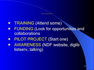 …… TRAINING  (Attend some)  FUNDING  (Look for opportunities and collaborations PILOT PROJECT  (Start one) AWARENESS  (NDF website, diglib listserv, talking) 