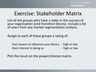 Exercise: Stakeholder Matrix
List all the groups who have a stake in the success of
your organisation (and therefore library). Include a list
of users from any market segmentation analysis.
Assign to each of these groups a rating of:
their power to influence your library - high or low
their interest in doing so - high or low
Plot the result on the power/interest matrix
 