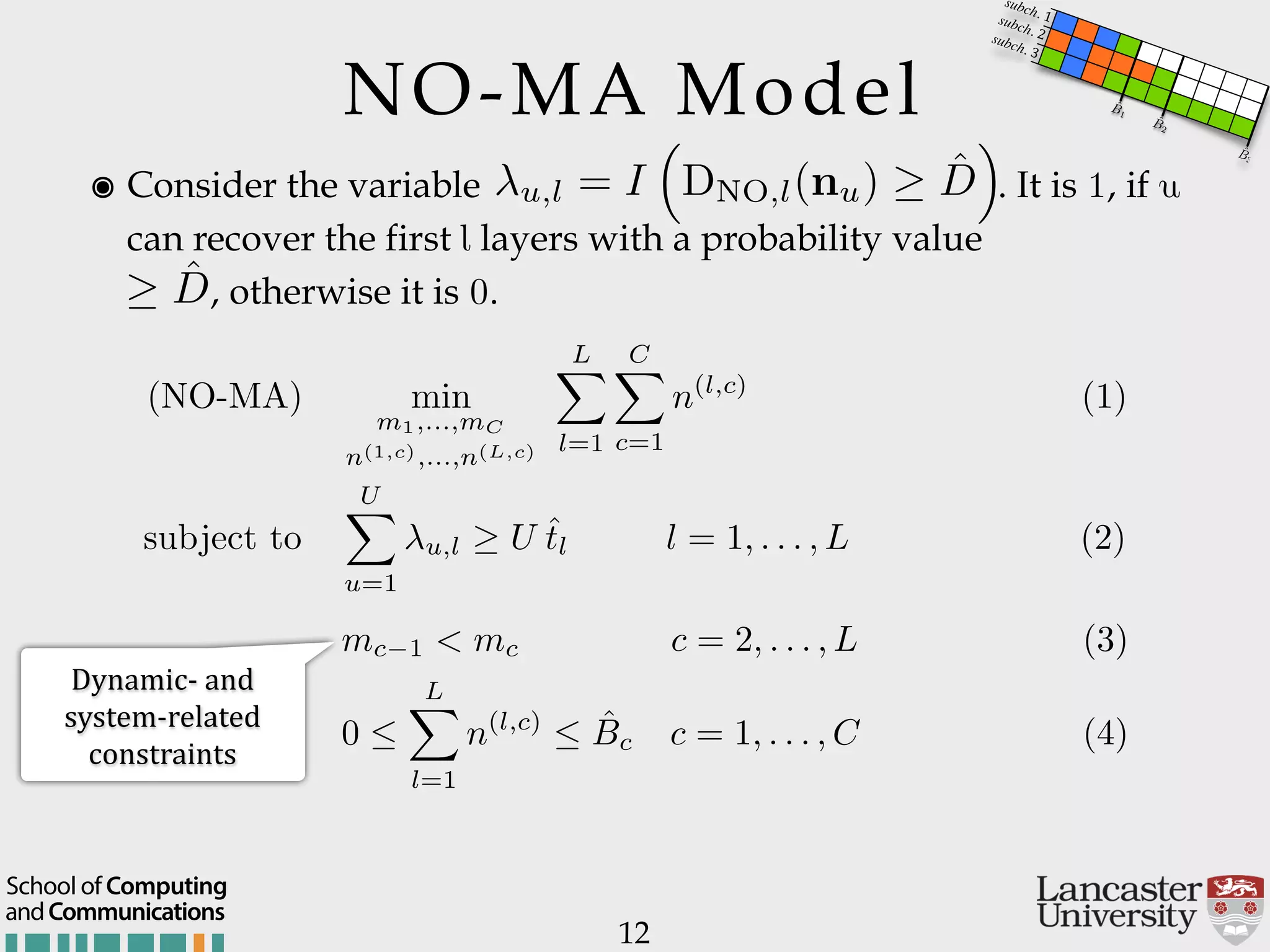 NO-MA Model 12 andCommunications School of Computing ๏ Consider the variable . It is 1, if u can recover the first l layers with a probability value   , otherwise it is 0. u,l = I ⇣ DNO,l(nu) ˆD ⌘ ˆD (NO-MA) min m1,...,mC n(1,c),...,n(L,c) LX l=1 CX c=1 n(l,c) (1) subject to UX u=1 u,l U ˆtl l = 1, . . . , L (2) mc 1 < mc c = 2, . . . , L (3) 0  LX l=1 n(l,c)  ˆBc c = 1, . . . , C (4) DynamicH$and$ systemHrelated$ constraints (NO-MA) min m1,...,mC n(1,c),...,n(L,c) LX l=1 CX c=1 n(l,c) (1) subject to UX u=1 u,l U ˆtl l = 1, . . . , L (2) mc 1 < mc c = 2, . . . , L (3) 0  LX l=1 n(l,c)  ˆBc c = 1, . . . , C (4) (NO-MA) min m1,...,mC n(1,c),...,n(L,c) LX l=1 CX c=1 n(l,c) (1) subject to UX u=1 u,l U ˆtl l = 1, . . . , L (2) mc 1 < mc c = 2, . . . , L (3) 0  LX l=1 n(l,c)  ˆBc c = 1, . . . , C (4) ˆB3 ˆB2 ˆB1 subch. 1subch. 2subch. 3 