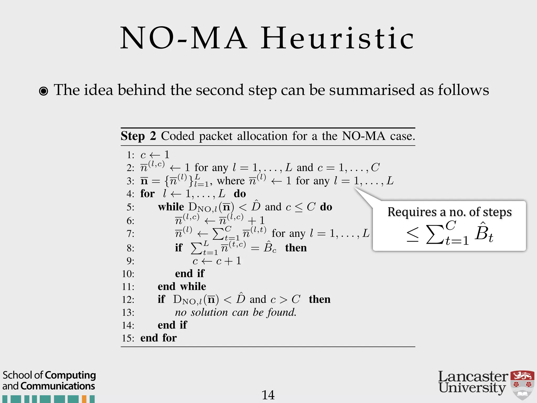 NO-MA Heuristic ๏ The idea behind the second step can be summarised as follows 14 e node delivers the principle. From (6), follows: ˆD ⌘ . (13) ver the ﬁrst l layers greater than a target we propose for the A (NO-SA) can be (l,c) (14) = 1, . . . , L (15) = 2, . . . , L (16) = 1, . . . , C (17) or l 6= c (18) nts the overall num- d to deliver all the L 1: c C 2: v mMAX and 3: while c 1 do 4: repeat 5: mc v 6: v v 1 7: until |U(mc) | U · ˆtc or v < mmin 8: c c 1 9: end while Step 2 Coded packet allocation for a the NO-MA case. 1: c 1 2: n(l,c) 1 for any l = 1, . . . , L and c = 1, . . . , C 3: n = {n(l) }L l=1, where n(l) 1 for any l = 1, . . . , L 4: for l 1, . . . , L do 5: while DNO,l(n) < ˆD and c  C do 6: n(l,c) n(l,c) + 1 7: n(l) PC t=1 n(l,t) for any l = 1, . . . , L 8: if PL t=1 n(t,c) = ˆBc then 9: c c + 1 10: end if 11: end while 12: if DNO,l(n) < ˆD and c > C then 13: no solution can be found. 14: end if 15: end for because of the nature of the considered allocation pattern. Furthermore, without loss of generality, we assume that coded Requires$a$no.$of$steps   PC t=1 ˆBt andCommunications School of Computing 