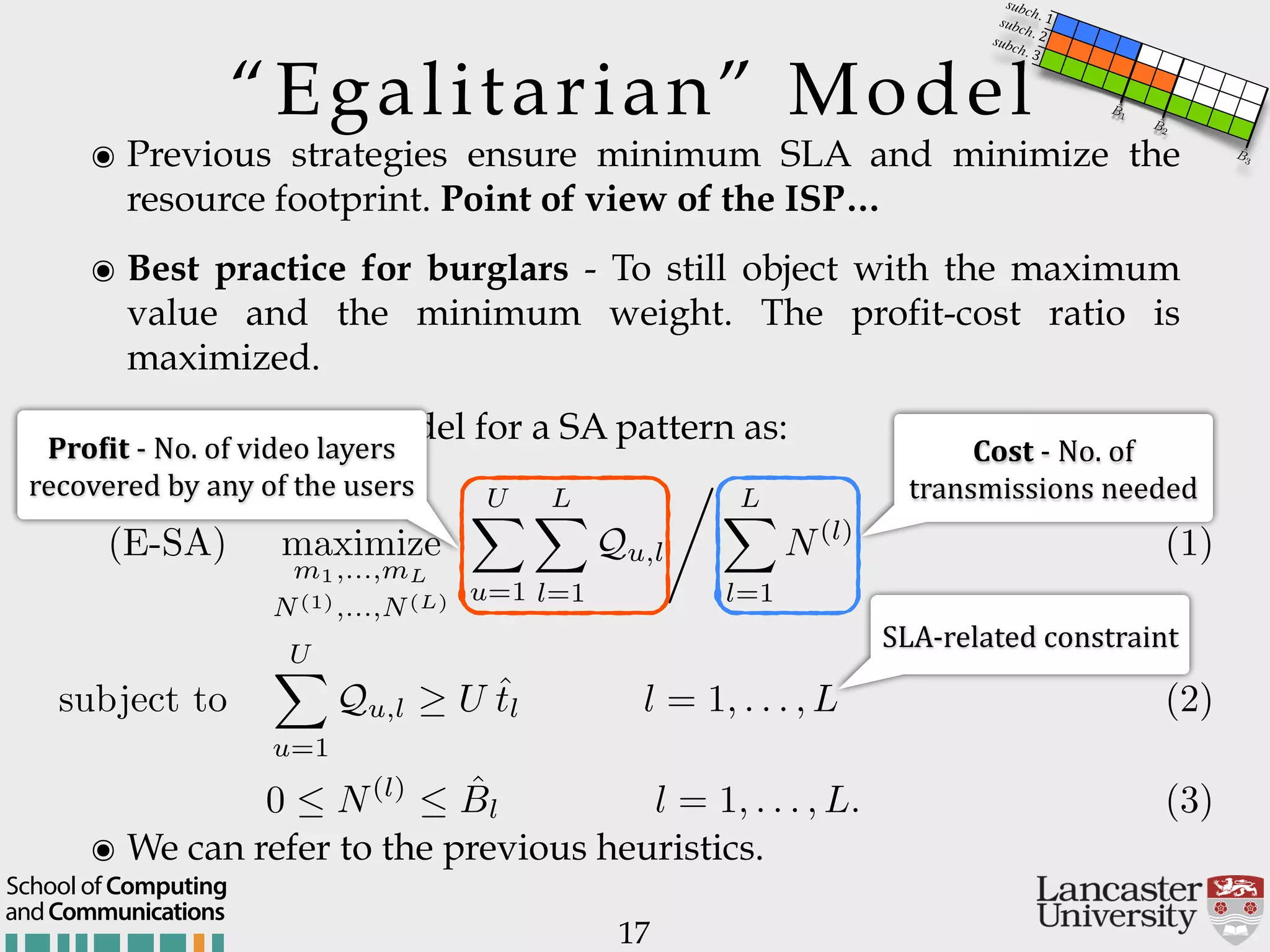 “Egalitarian” Model 17 andCommunications School of Computing ๏ Previous strategies ensure minimum SLA and minimize the resource footprint. Point of view of the ISP… ๏ Best practice for burglars - To still object with the maximum value and the minimum weight. The profit-cost ratio is maximized. ๏ We define the model for a SA pattern as: (E-SA) maximize m1,...,mL N(1),...,N(L) UX u=1 LX l=1 Qu,l , LX l=1 N(l) (1) subject to UX u=1 Qu,l U ˆtl l = 1, . . . , L (2) 0  N(l)  ˆBl l = 1, . . . , L. (3) Pro(it$H$No.$of$video$layers$ recovered$by$any$of$the$users Cost$H$No.$of$ transmissions$needed SLAHrelated$constraint ๏ We can refer to the previous heuristics. ˆB3 ˆB2 ˆB1 subch. 1subch. 2subch. 3 