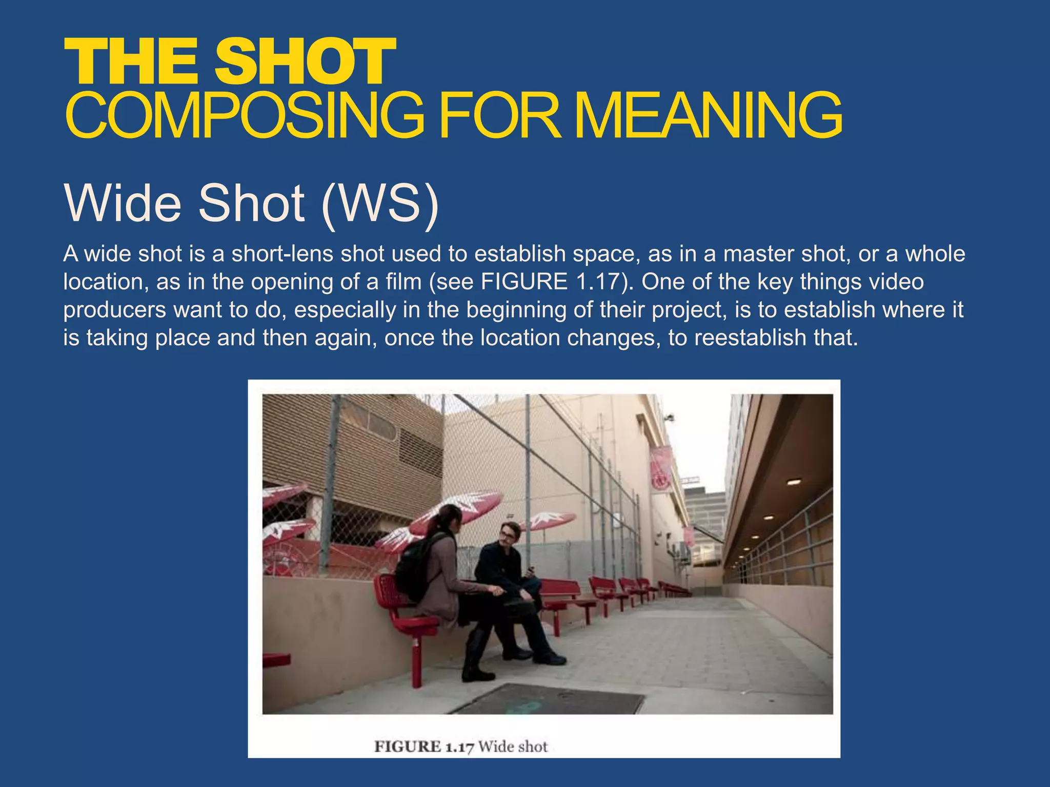 Wide Shot (WS)
A wide shot is a short-lens shot used to establish space, as in a master shot, or a whole
location, as in the opening of a film (see FIGURE 1.17). One of the key things video
producers want to do, especially in the beginning of their project, is to establish where it
is taking place and then again, once the location changes, to reestablish that.
THE SHOT
COMPOSINGFORMEANING
 