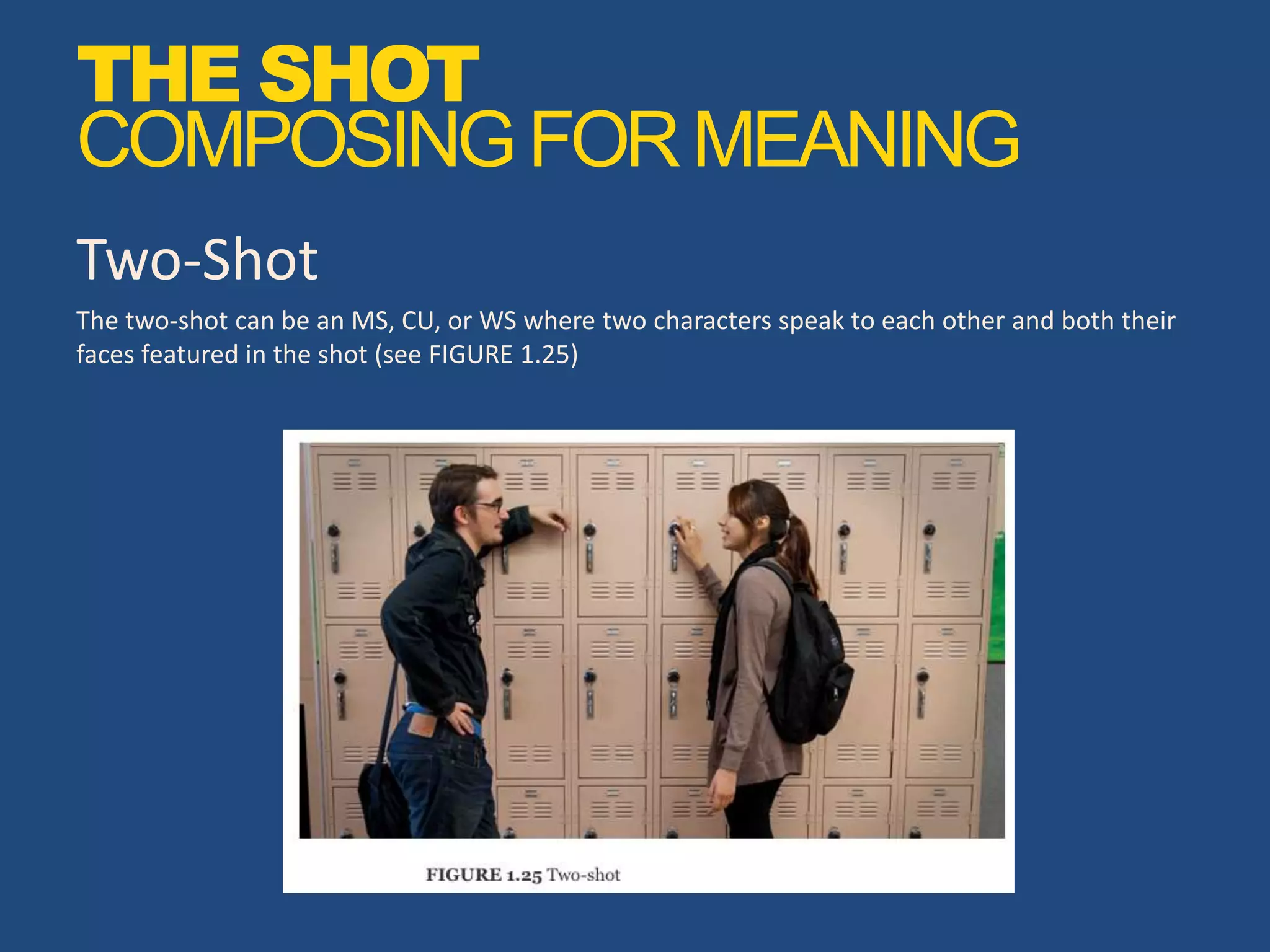 Two-Shot
The two-shot can be an MS, CU, or WS where two characters speak to each other and both their
faces featured in the shot (see FIGURE 1.25)
THE SHOT
COMPOSINGFORMEANING
 