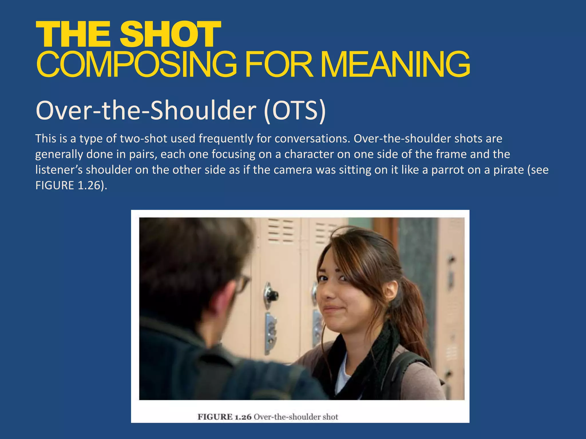 Over-the-Shoulder (OTS)
This is a type of two-shot used frequently for conversations. Over-the-shoulder shots are
generally done in pairs, each one focusing on a character on one side of the frame and the
listener’s shoulder on the other side as if the camera was sitting on it like a parrot on a pirate (see
FIGURE 1.26).
THE SHOT
COMPOSINGFORMEANING
 