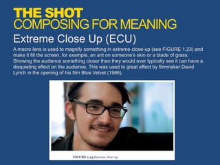 Extreme Close Up (ECU)
A macro lens is used to magnify something in extreme close-up (see FIGURE 1.23) and
make it fill the screen, for example, an ant on someone’s skin or a blade of grass.
Showing the audience something closer than they would ever typically see it can have a
disquieting effect on the audience. This was used to great effect by filmmaker David
Lynch in the opening of his film Blue Velvet (1986).
THE SHOT
COMPOSINGFORMEANING
 