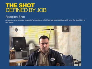 Reaction Shot
A reaction shot shows a character’s reaction to what has just been said. As with over the shoulders or
two shots.
THE SHOT
DEFINEDBYJOB
 