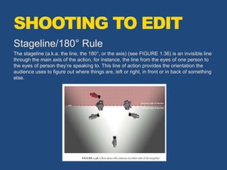 Stageline/180° Rule
The stageline (a.k.a. the line, the 180°, or the axis) (see FIGURE 1.36) is an invisible line
through the main axis of the action, for instance, the line from the eyes of one person to
the eyes of person they’re speaking to. This line of action provides the orientation the
audience uses to figure out where things are, left or right, in front or in back of something
else.
SHOOTING TO EDIT
 