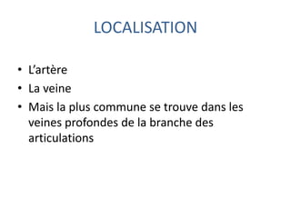 LOCALISATION
• L’artère
• La veine
• Mais la plus commune se trouve dans les
veines profondes de la branche des
articulations
 