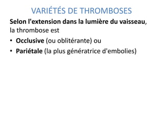 VARIÉTÉS DE THROMBOSES
Selon l'extension dans la lumière du vaisseau,
la thrombose est
• Occlusive (ou oblitérante) ou
• Pariétale (la plus génératrice d'embolies)
 