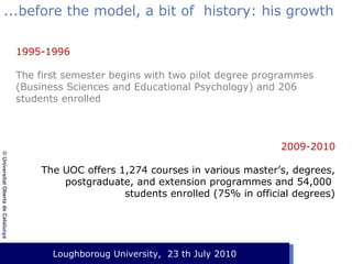 ...before the model, a bit of history: his growth
1995-1996
The first semester begins with two pilot degree programmes
(Business Sciences and Educational Psychology) and 206
students enrolled

© Universitat Oberta de Catalunya

2009-2010
The UOC offers 1,274 courses in various master’s, degrees,
postgraduate, and extension programmes and 54,000
students enrolled (75% in official degrees)

Loughboroug University,
Event. Lloc, 1 de gener de 2003 23 th July 2010

 