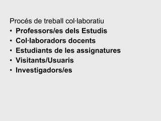 Procés de treball col·laboratiu  Professors/es dels Estudis Col·laboradors docents Estudiants de les assignatures Visitants/Usuaris Investigadors/es 