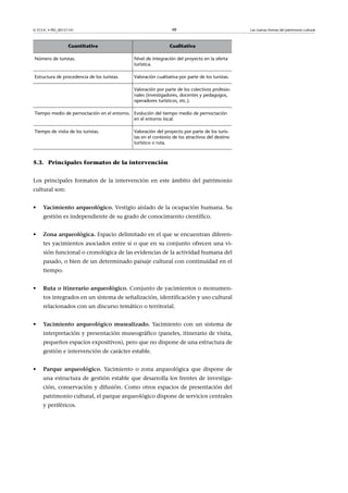 48

© FUOC • PID_00151141

Cuantitativa

Cualitativa

Número de turistas.

Nivel de integración del proyecto en la oferta
turística.

Estructura de procedencia de los turistas.

Valoración cualitativa por parte de los turistas.

 

Valoración por parte de los colectivos profesionales (investigadores, docentes y pedagogos,
operadores turísticos, etc.).

Tiempo medio de pernoctación en el entorno. Evolución del tiempo medio de pernoctación
en el entorno local.
Tiempo de visita de los turistas.

Valoración del proyecto por parte de los turistas en el contexto de los atractivos del destino
turístico o ruta.

5.3. Principales formatos de la intervención
Los principales formatos de la intervención en este ámbito del patrimonio
cultural son:
•

Yacimientoarqueológico. Vestigio aislado de la ocupación humana. Su
gestión es independiente de su grado de conocimiento científico.

•

Zonaarqueológica. Espacio delimitado en el que se encuentran diferentes yacimientos asociados entre sí o que en su conjunto ofrecen una visión funcional o cronológica de las evidencias de la actividad humana del
pasado, o bien de un determinado paisaje cultural con continuidad en el
tiempo.

•

Rutaoitinerarioarqueológico. Conjunto de yacimientos o monumentos integrados en un sistema de señalización, identificación y uso cultural
relacionados con un discurso temático o territorial.

•

Yacimiento arqueológico musealizado. Yacimiento con un sistema de
interpretación y presentación museográfico (paneles, itinerario de visita,
pequeños espacios expositivos), pero que no dispone de una estructura de
gestión e intervención de carácter estable.

•

Parque arqueológico. Yacimiento o zona arqueológica que dispone de
una estructura de gestión estable que desarrolla los frentes de investigación, conservación y difusión. Como otros espacios de presentación del
patrimonio cultural, el parque arqueológico dispone de servicios centrales
y periféricos.

Las nuevas formas del patrimonio cultural

 
