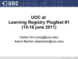 UOC at  Learning Registry Plugfest #1 (15-16 june 2011) Carlos Ors (corsg@uoc.edu) Antoni Bertran (abertranb@uoc.edu) Espai de paginació  2 / 25 