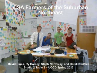 CSA Farmers of the Suburban 
Northeast 
David Hines, Ry Horsey, Steph Northway, and Derek Redfern 
Studio 2 Table 2 – UOCD Spring 2013 
1 
 