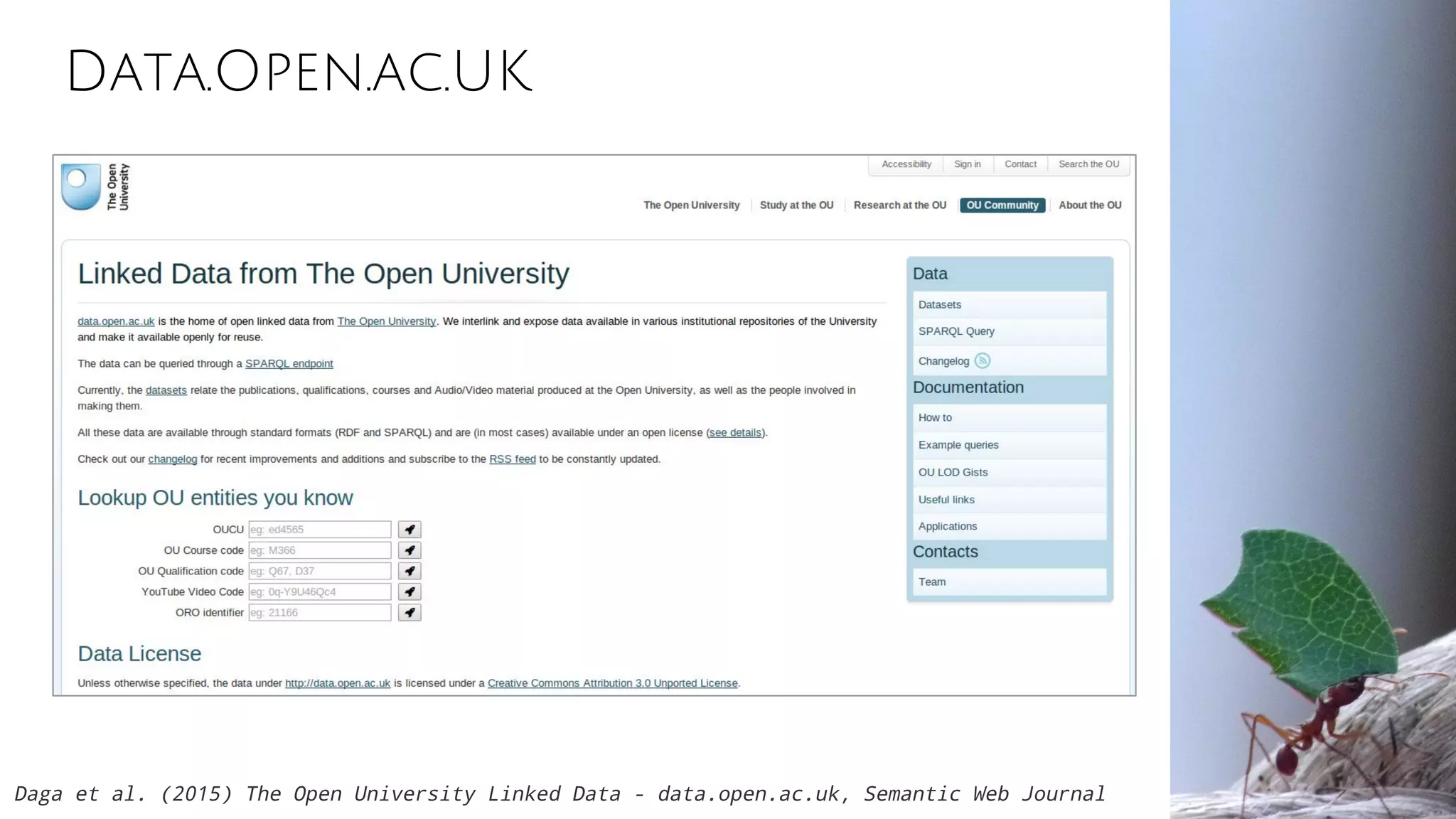 Data.Open.ac.UK
Daga et al. (2015) The Open University Linked Data - data.open.ac.uk, Semantic Web Journal
 