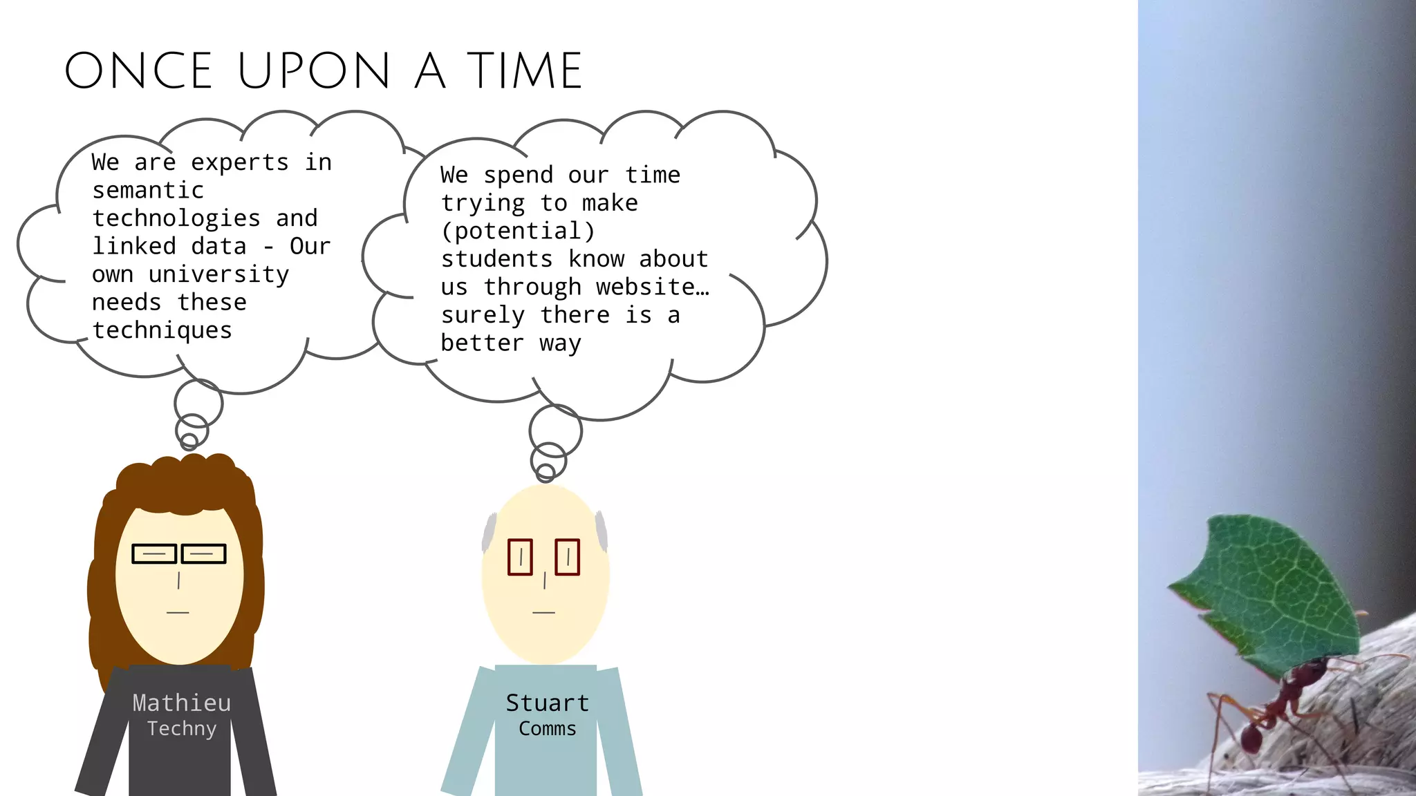 once upon a time
Mathieu
Techny
Stuart
Comms
We are experts in
semantic
technologies and
linked data - Our
own university
needs these
techniques
We spend our time
trying to make
(potential)
students know about
us through website…
surely there is a
better way
 
