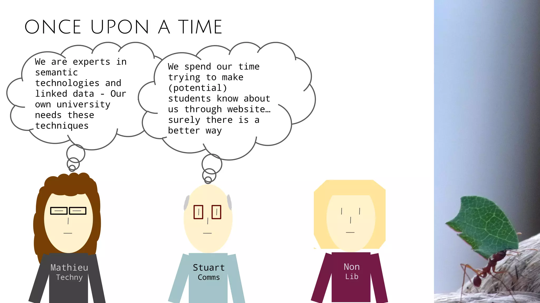 once upon a time
Mathieu
Techny
Stuart
Comms
Non
Lib
We are experts in
semantic
technologies and
linked data - Our
own university
needs these
techniques
We spend our time
trying to make
(potential)
students know about
us through website…
surely there is a
better way
 