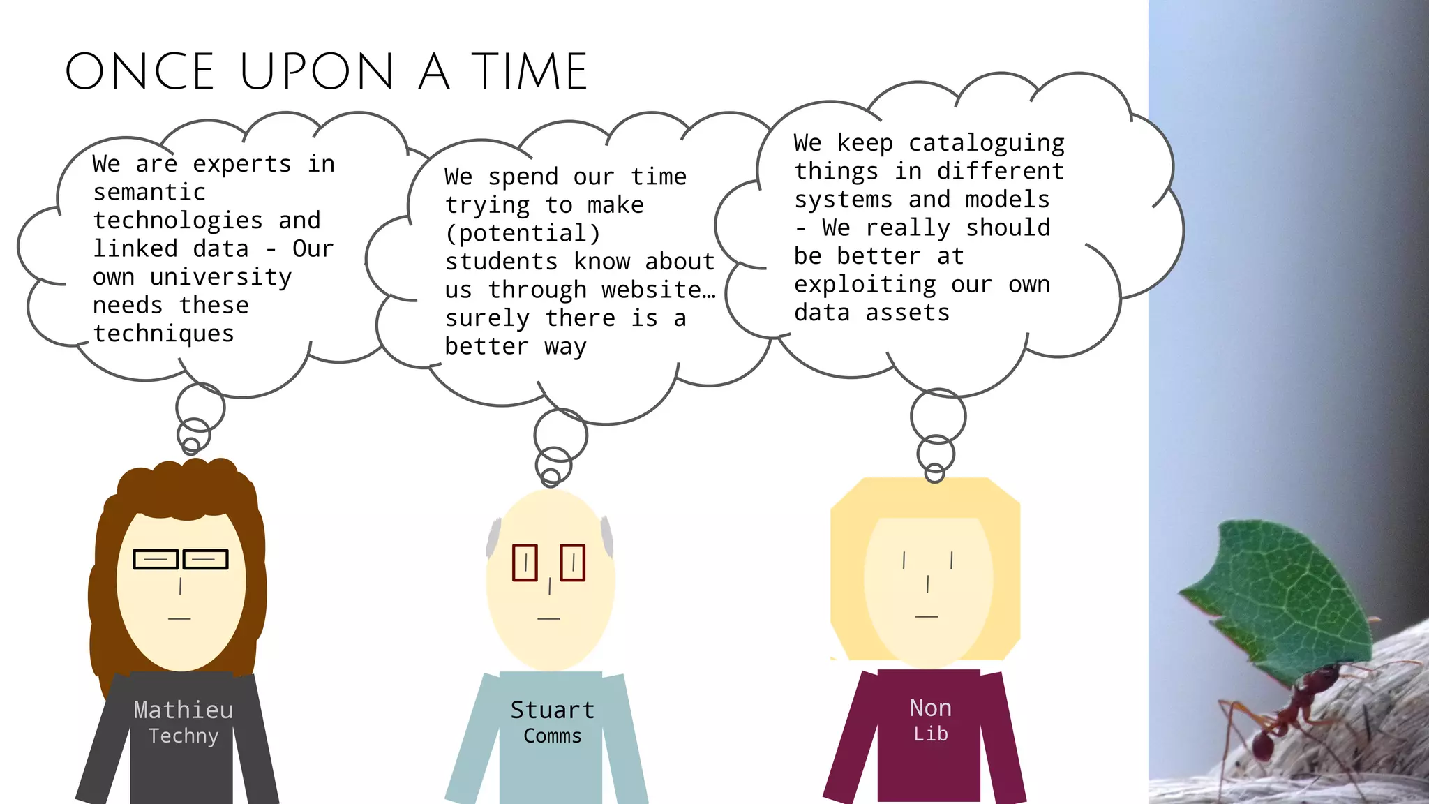 once upon a time
Mathieu
Techny
Stuart
Comms
Non
Lib
We are experts in
semantic
technologies and
linked data - Our
own university
needs these
techniques
We spend our time
trying to make
(potential)
students know about
us through website…
surely there is a
better way
We keep cataloguing
things in different
systems and models
- We really should
be better at
exploiting our own
data assets
 