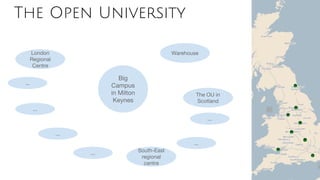 Big
Campus
in Milton
Keynes
WarehouseLondon
Regional
Centre
South-East
regional
centre
The OU in
Scotland
...
...
...
...
...
...
The Open University
 