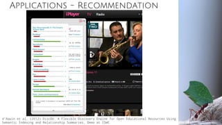 Applications - Recommendation
d'Aquin et al. (2012) DiscOU: A Flexible Discovery Engine for Open Educational Resources Using
Semantic Indexing and Relationship Summaries, Demo at ISWC
 