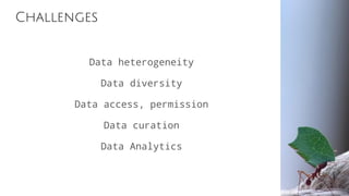 Challenges
Data heterogeneity
Data diversity
Data access, permission
Data curation
Data Analytics
 